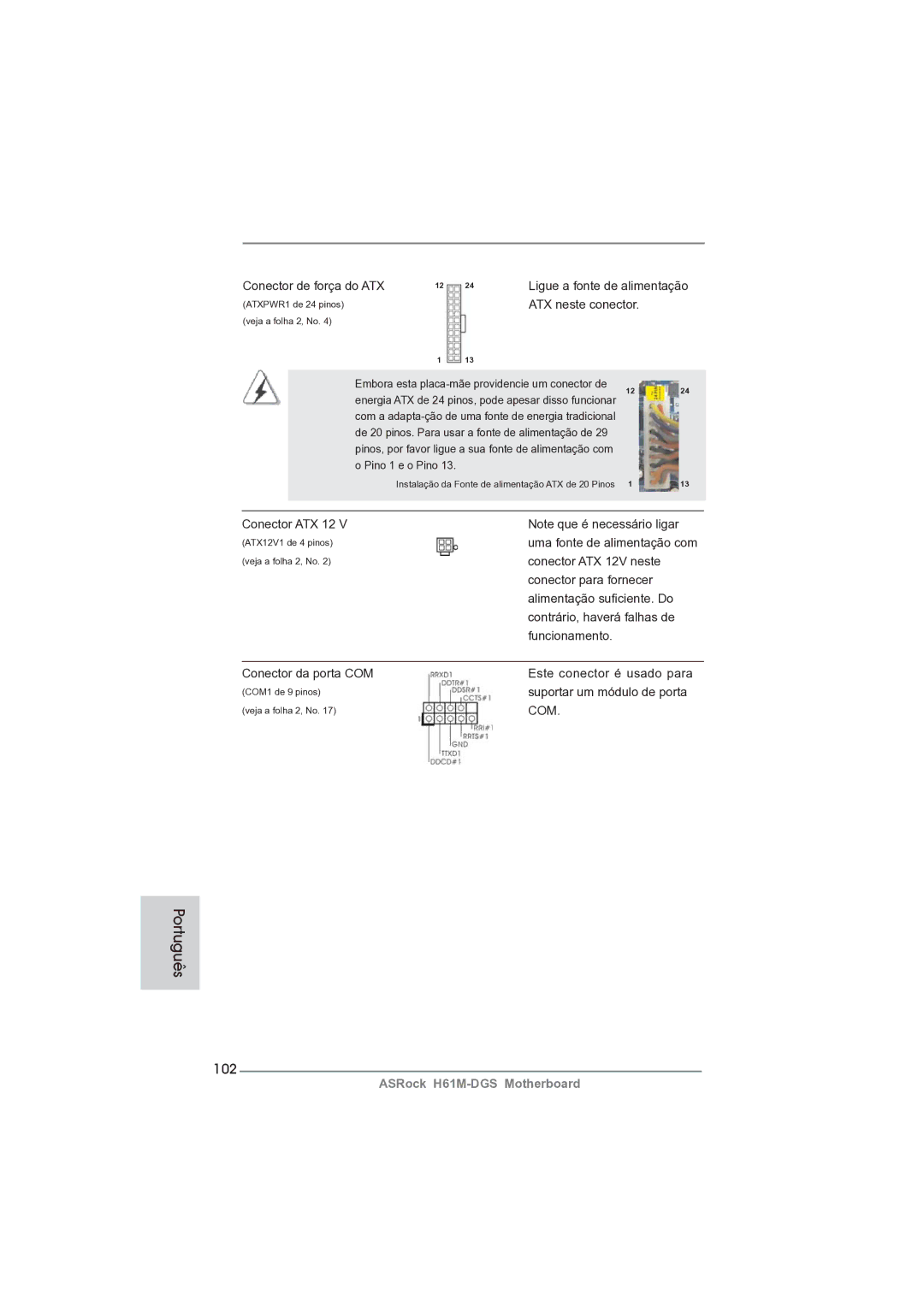 ASRock H61M-DGS manual 102, Conector de força do ATX 