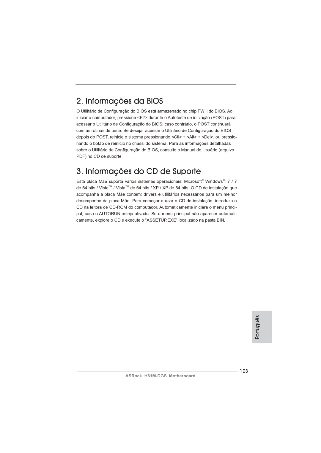 ASRock H61M-DGS manual Informações da Bios Informações do CD de Suporte, 103 