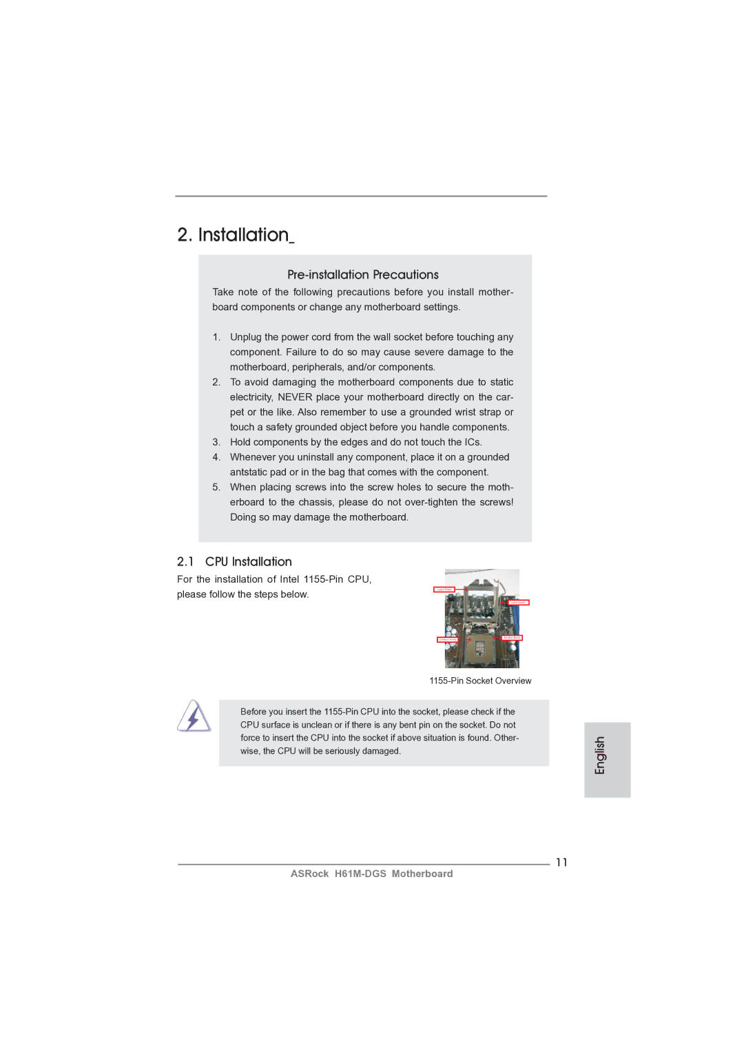 ASRock H61M-DGS manual Pre-installation Precautions, CPU Installation 