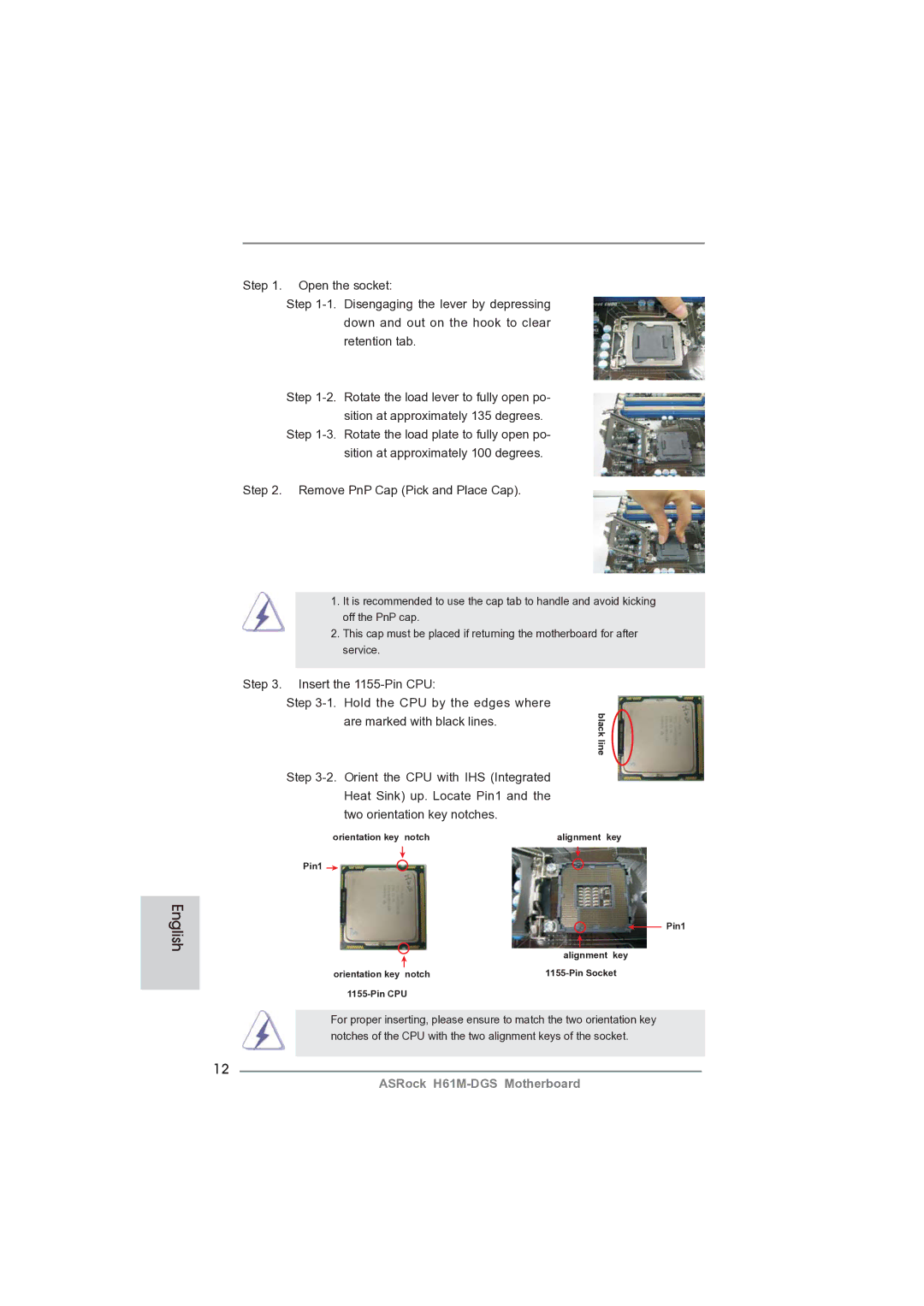 ASRock H61M-DGS manual Insert the 1155-Pin CPU, Hold the CPU by the edges where, Are marked with black lines 