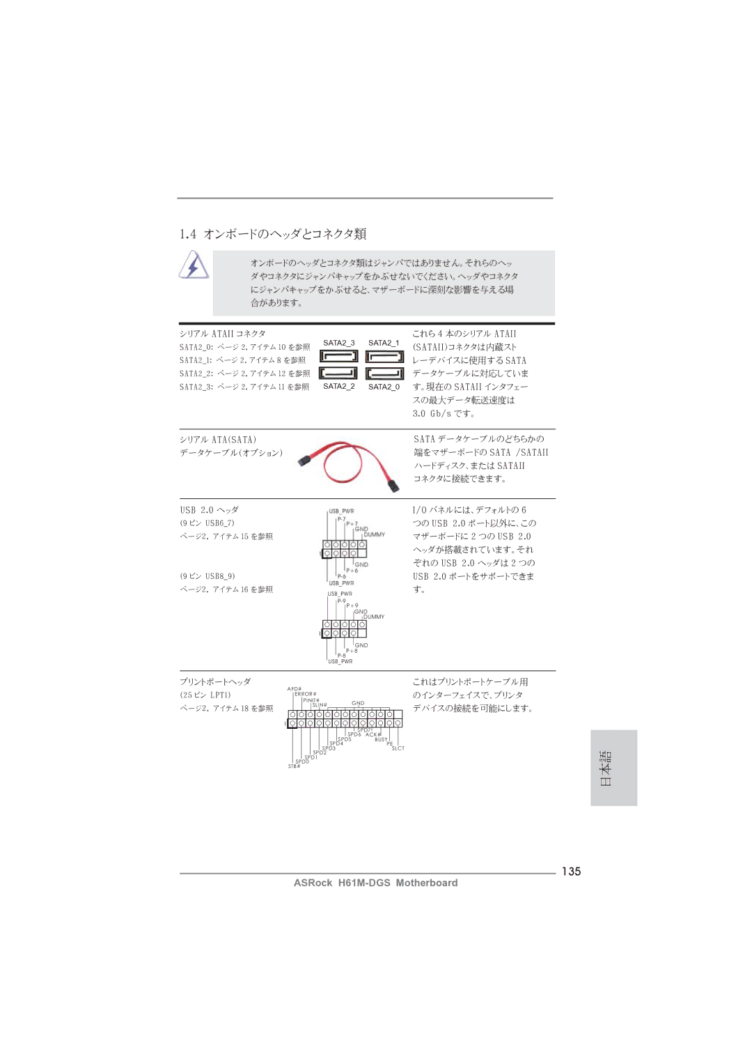 ASRock H61M-DGS manual オンボードのヘッダとコネクタ類, 135 