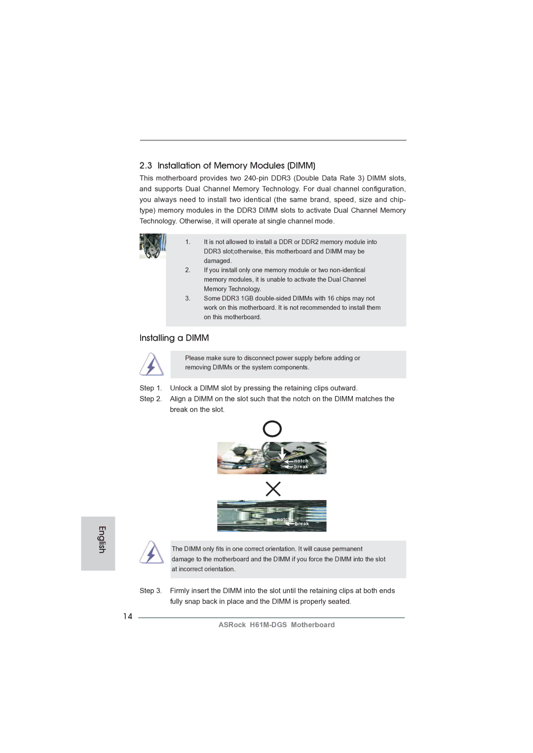 ASRock H61M-DGS manual Installation of Memory Modules Dimm, Installing a Dimm 