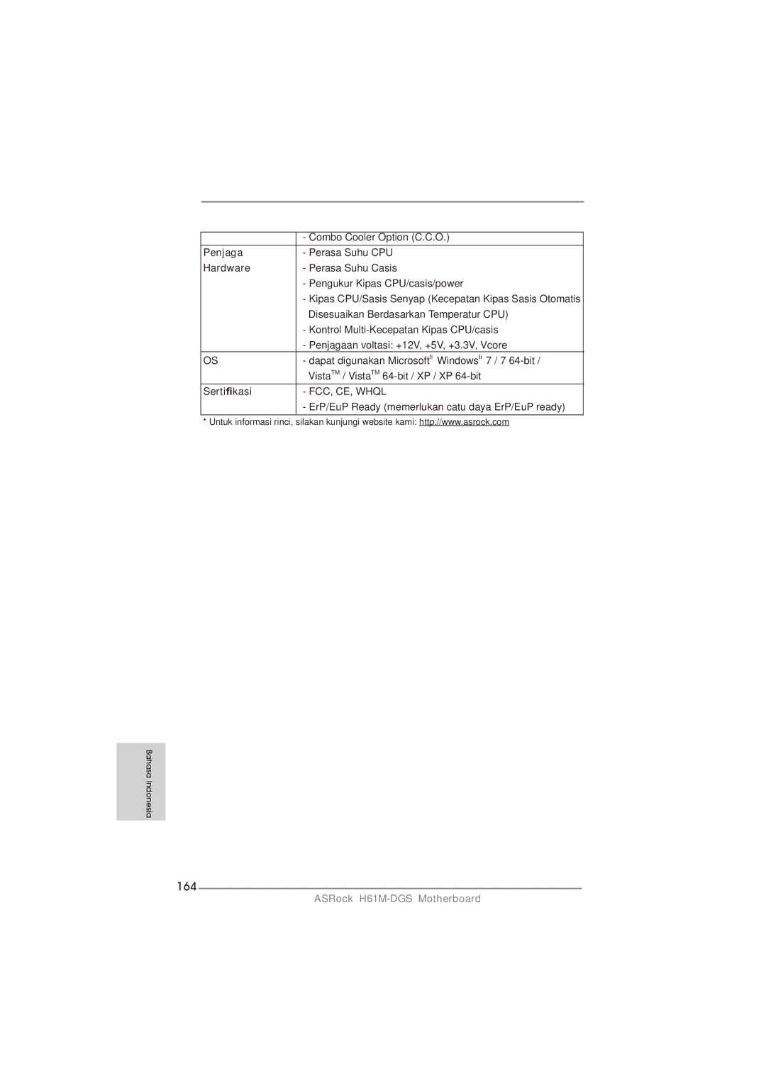 ASRock H61M-DGS manual 164, Penjaga, Sertiﬁkasi 