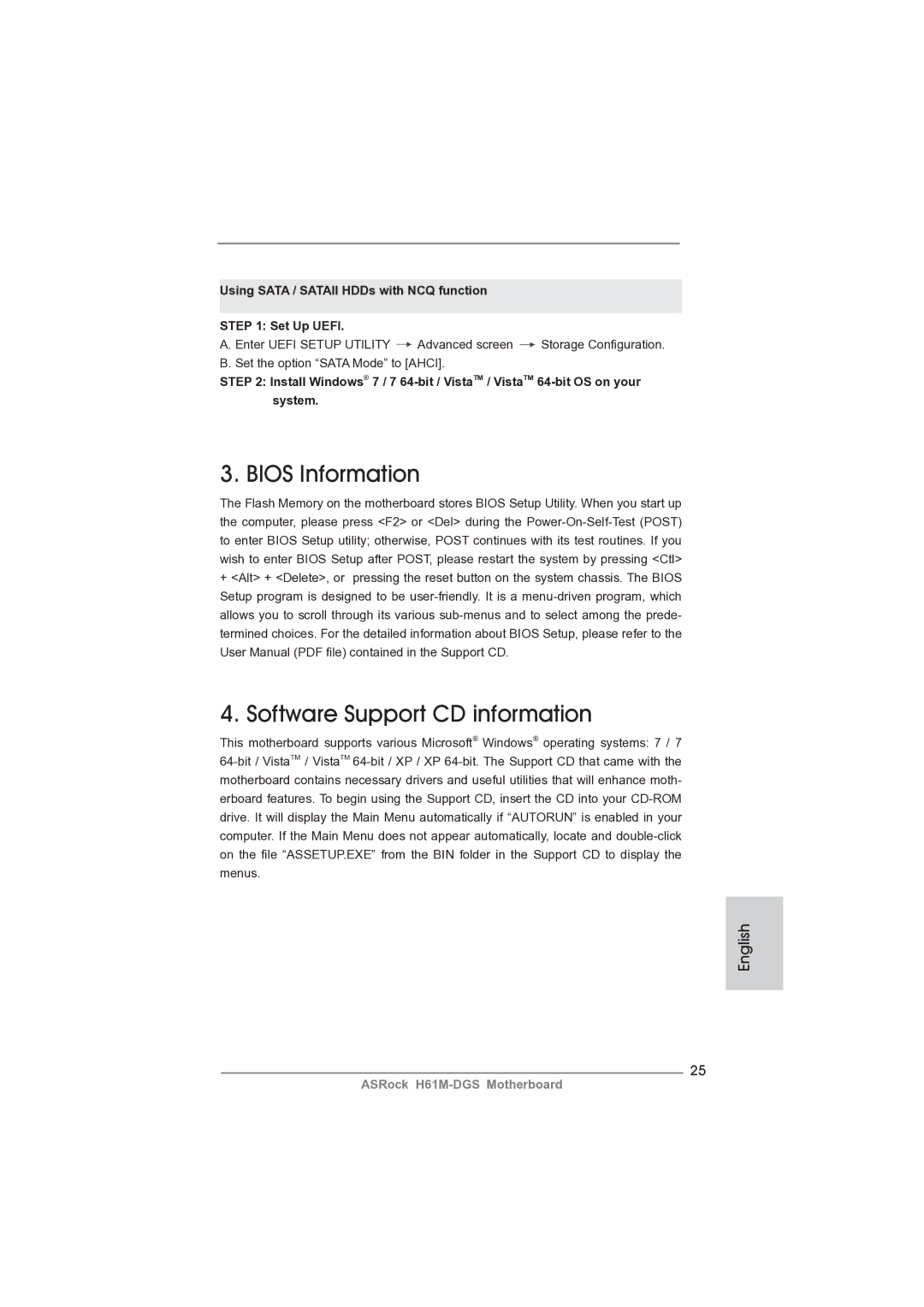 ASRock H61M-DGS Bios Information, Software Support CD information, Using Sata / Sataii HDDs with NCQ function Set Up Uefi 