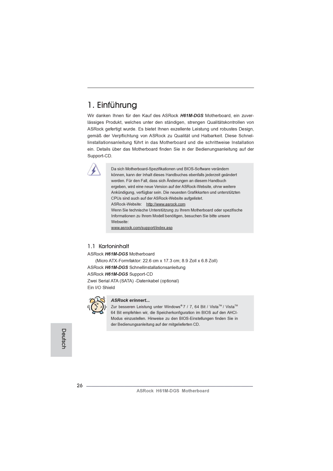 ASRock H61M-DGS manual Einführung, Kartoninhalt, Deutsch 