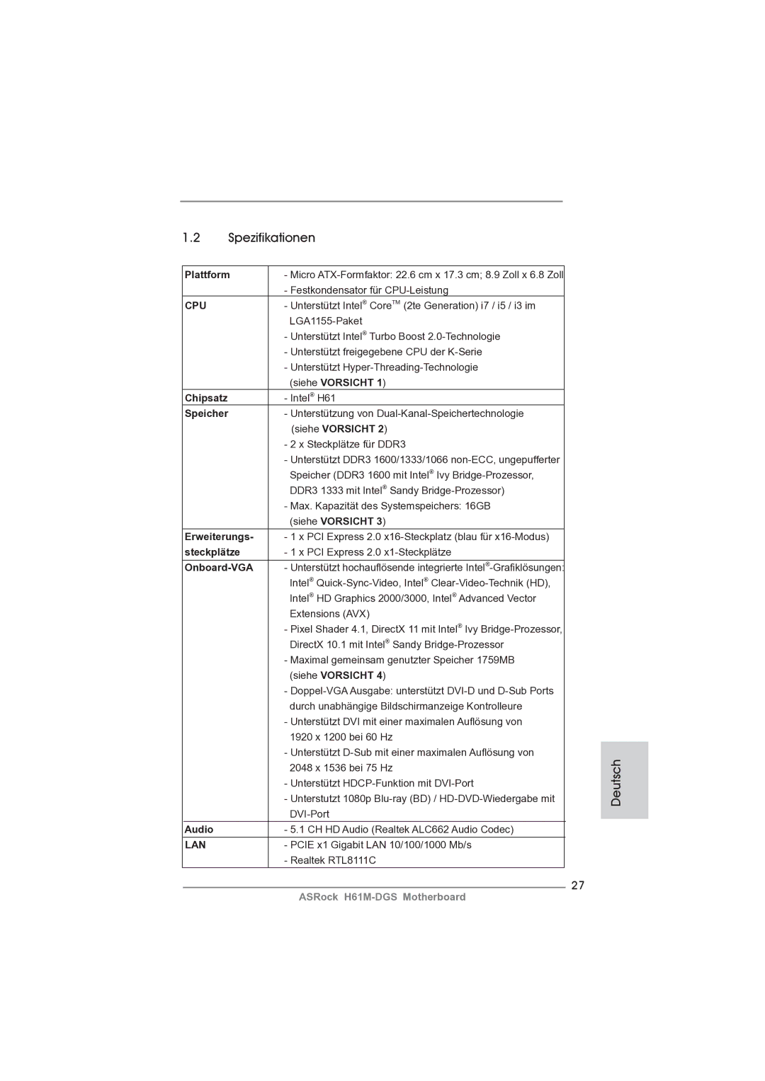 ASRock H61M-DGS manual Spezifikationen 