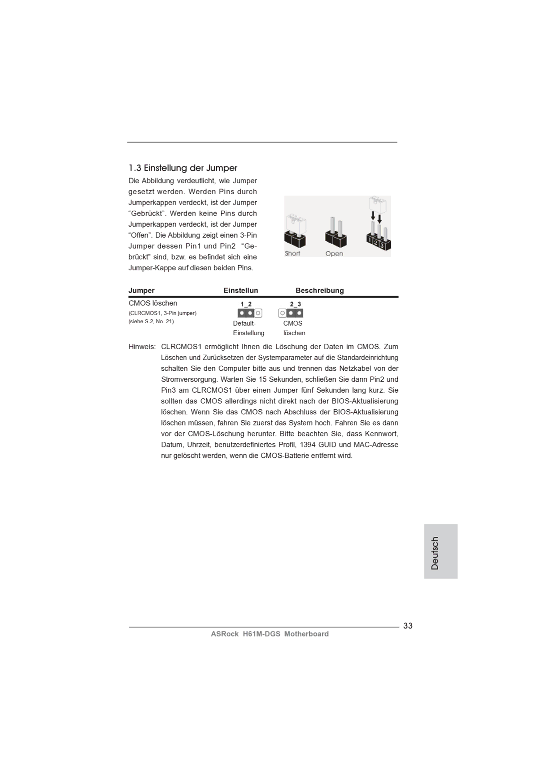 ASRock H61M-DGS manual Einstellung der Jumper, Jumper Einstellun Beschreibung, Cmos löschen 