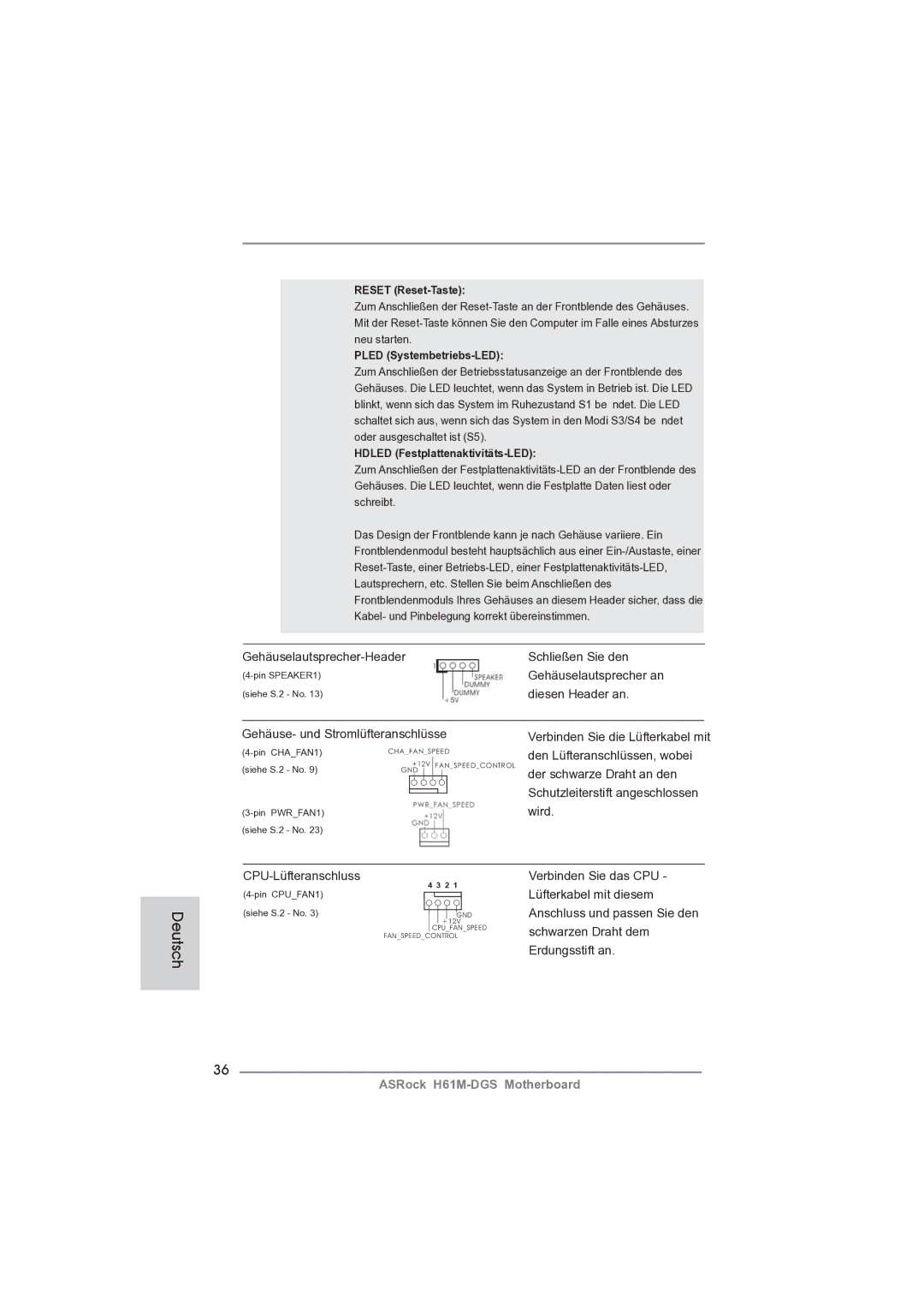 ASRock H61M-DGS manual Gehäuselautsprecher-Header Schließen Sie den, Diesen Header an, Gehäuse- und Stromlüfteranschlüsse 