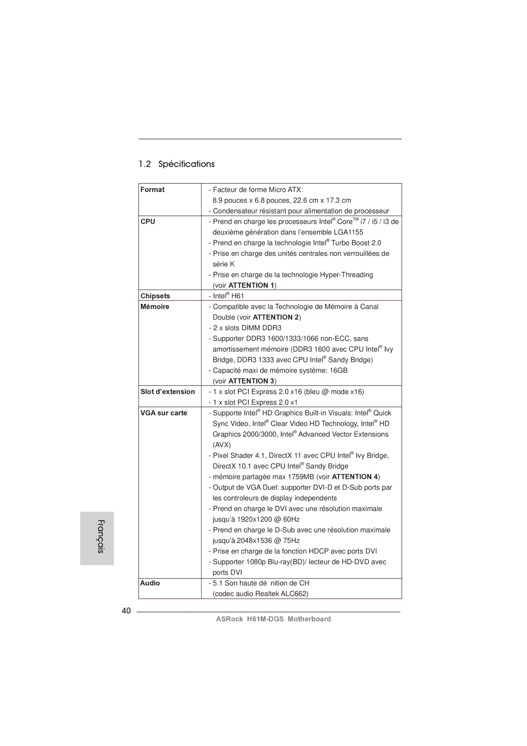 ASRock H61M-DGS manual Spécifications Français 