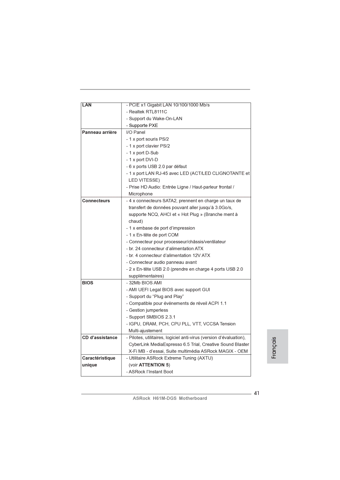 ASRock H61M-DGS manual Panneau arrière, Connecteurs, Caractéristique, Unique Voir Attention 