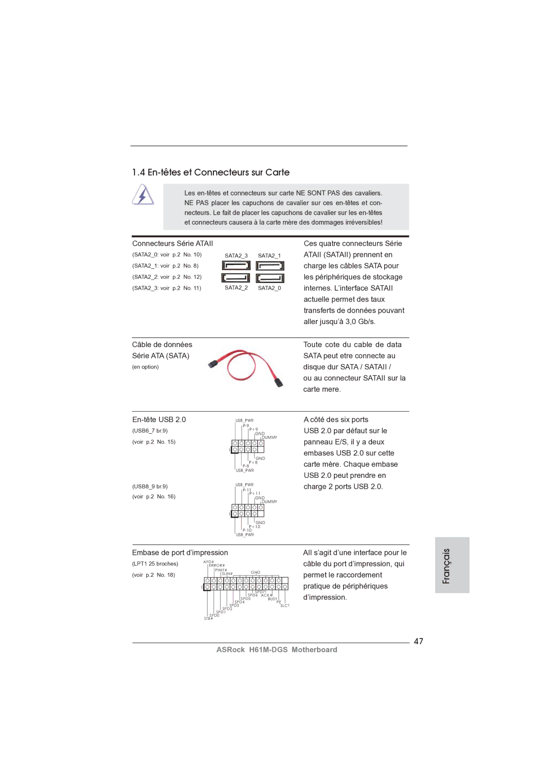 ASRock H61M-DGS manual En-têtes et Connecteurs sur Carte, Connecteurs Série Ataii, Disque dur Sata / Sataii, Carte mere 