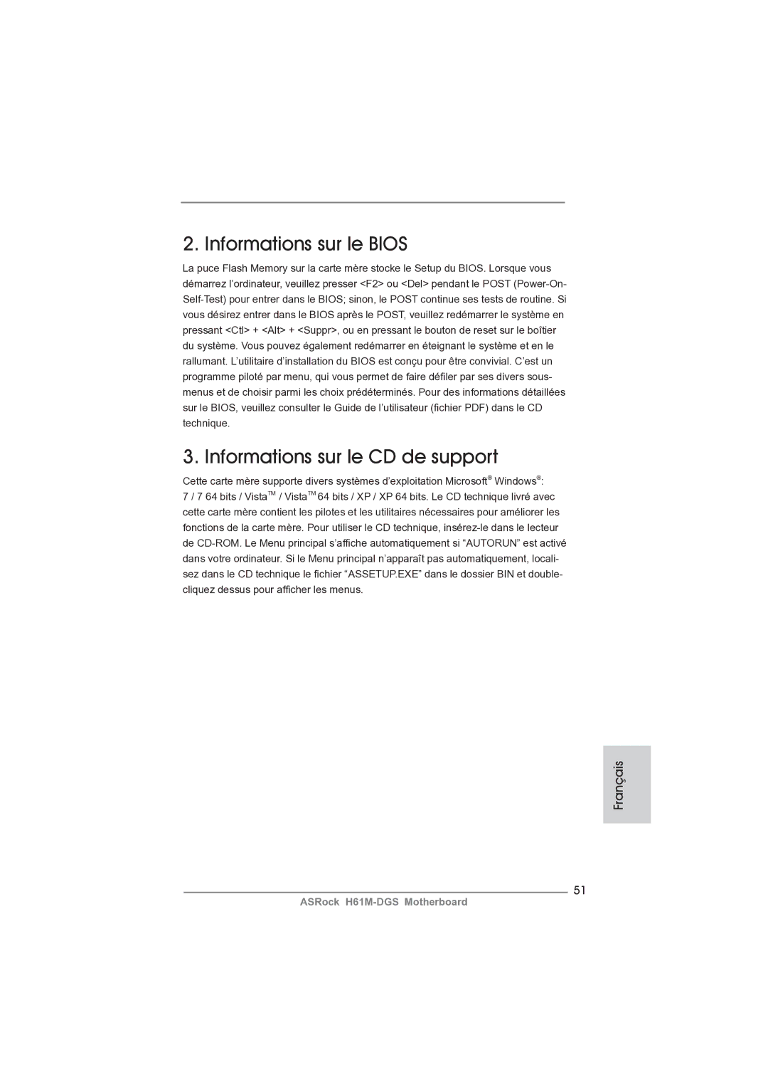 ASRock H61M-DGS manual Informations sur le Bios Informations sur le CD de support 