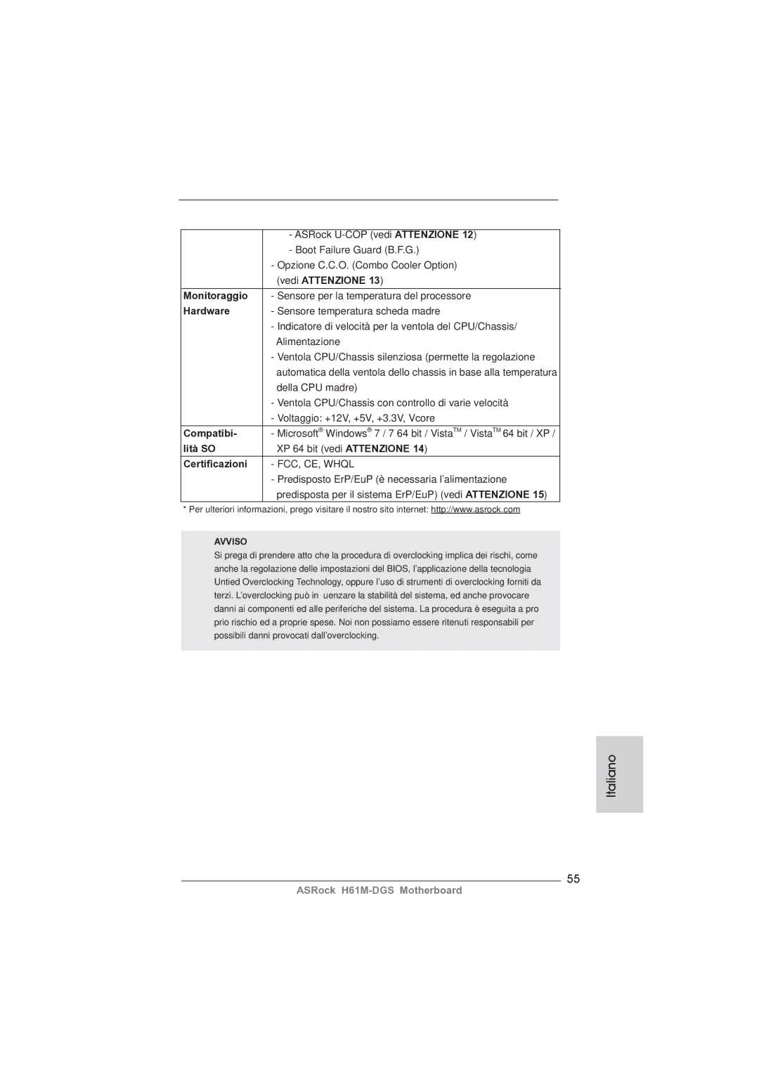 ASRock H61M-DGS manual Monitoraggio, Compatibi, Lità SO, Certiﬁcazioni 