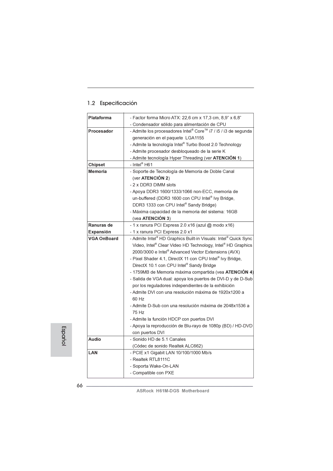 ASRock H61M-DGS manual Español Especificación 