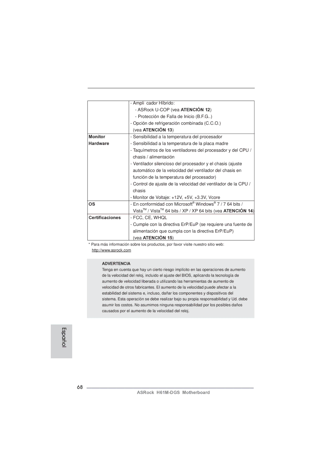 ASRock H61M-DGS manual Certiﬁcaciones 