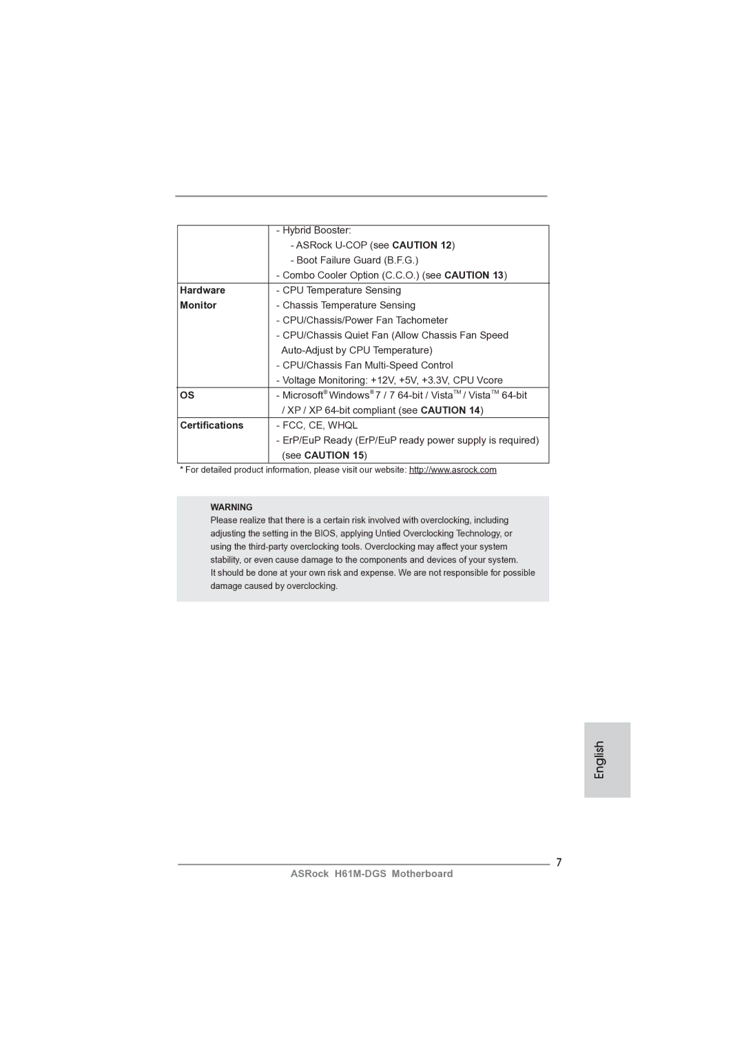 ASRock H61M-DGS manual Hardware, Monitor, Certiﬁcations, See Caution 