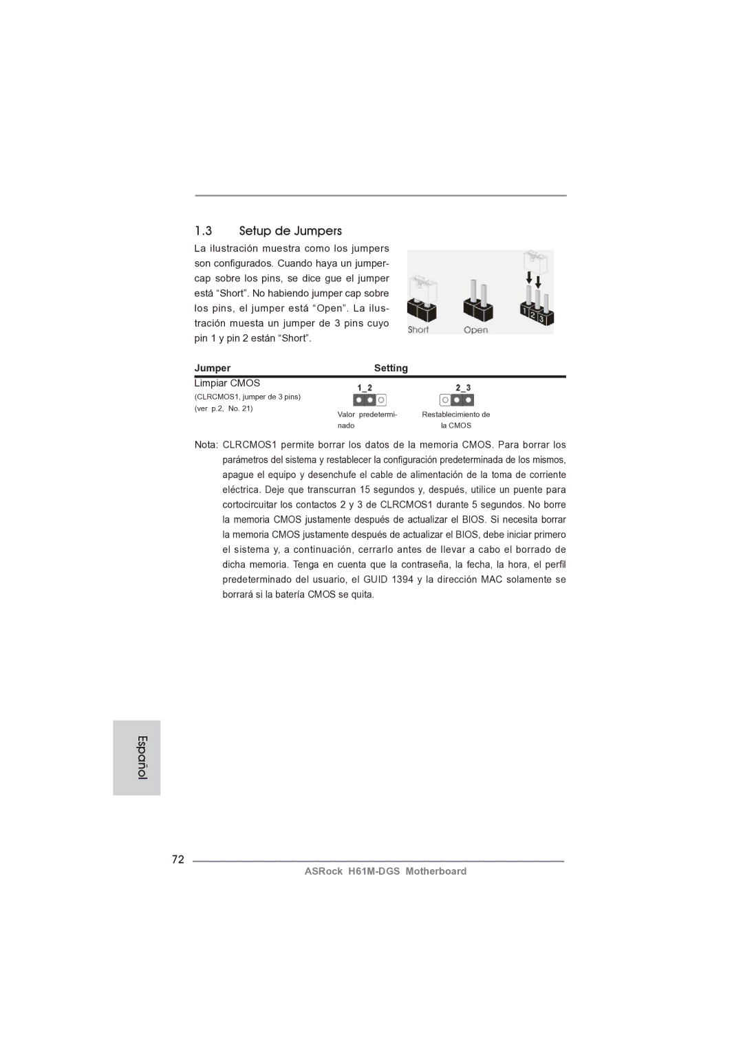 ASRock H61M-DGS manual Setup de Jumpers, Jumper Setting, Limpiar Cmos 