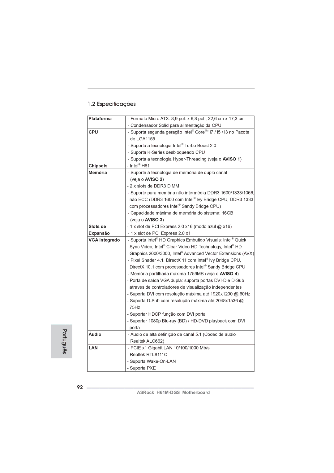 ASRock H61M-DGS manual Especificações 