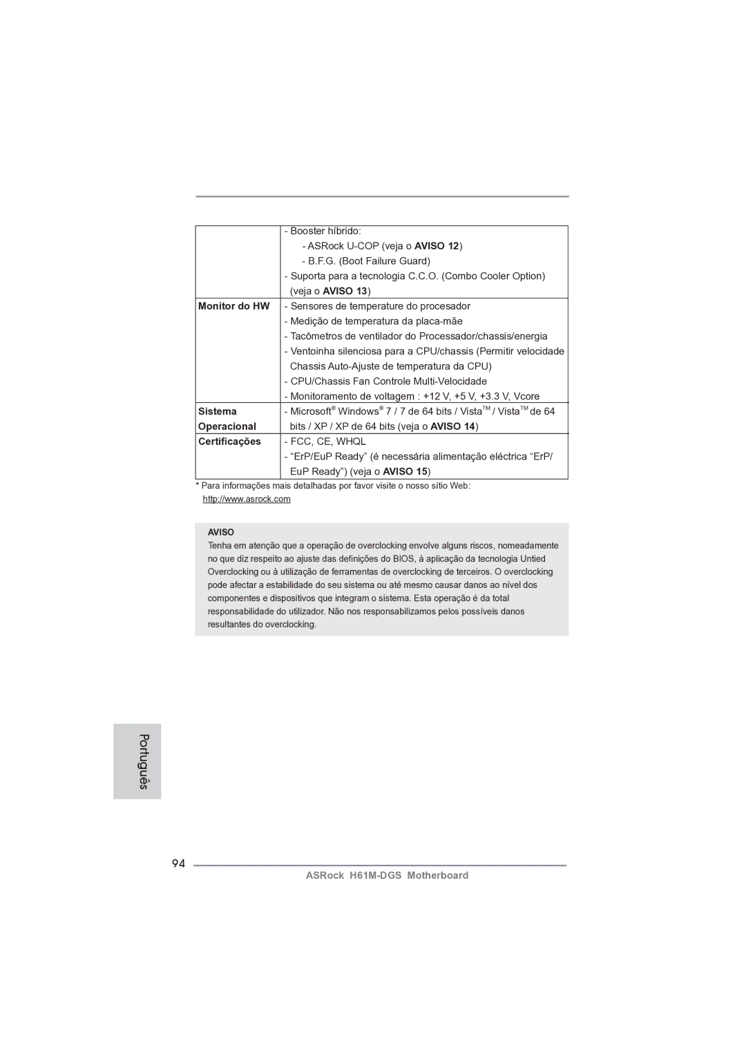 ASRock H61M-DGS manual Monitor do HW, Sistema, Operacional, Certiﬁcações 