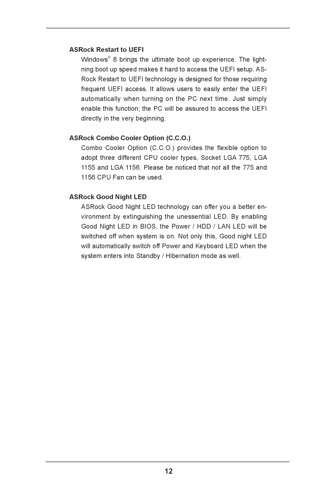ASRock H61M-DP3 manual ASRock Restart to Uefi, ASRock Combo Cooler Option C.C.O, ASRock Good Night LED 