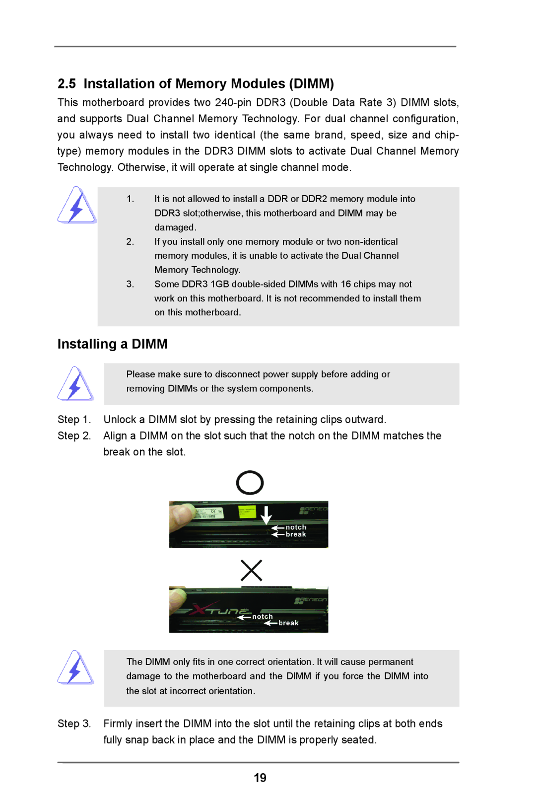 ASRock H61M-DP3 manual Installation of Memory Modules Dimm, Installing a Dimm 