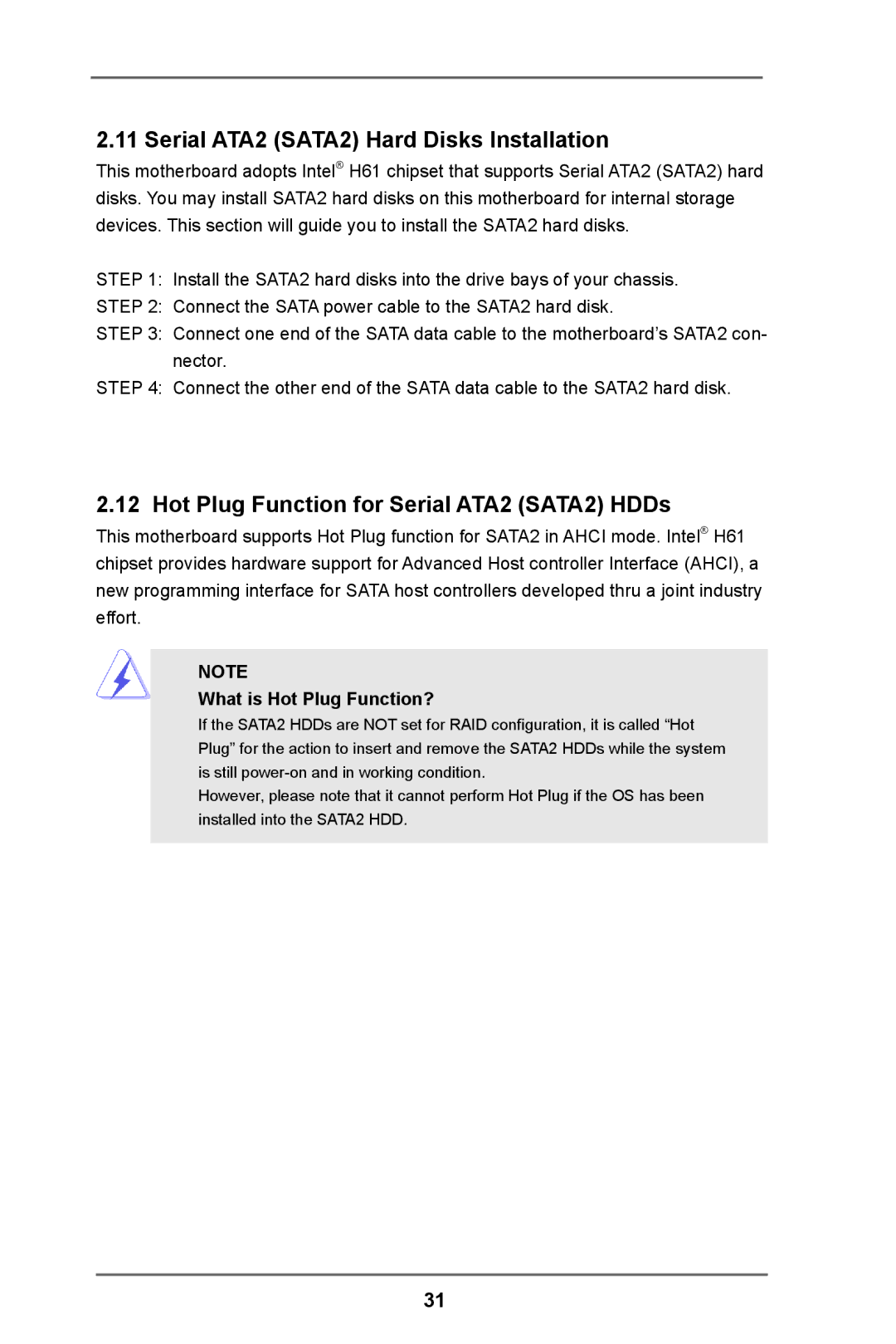 ASRock H61M-DP3 manual Serial ATA2 SATA2 Hard Disks Installation, Hot Plug Function for Serial ATA2 SATA2 HDDs 