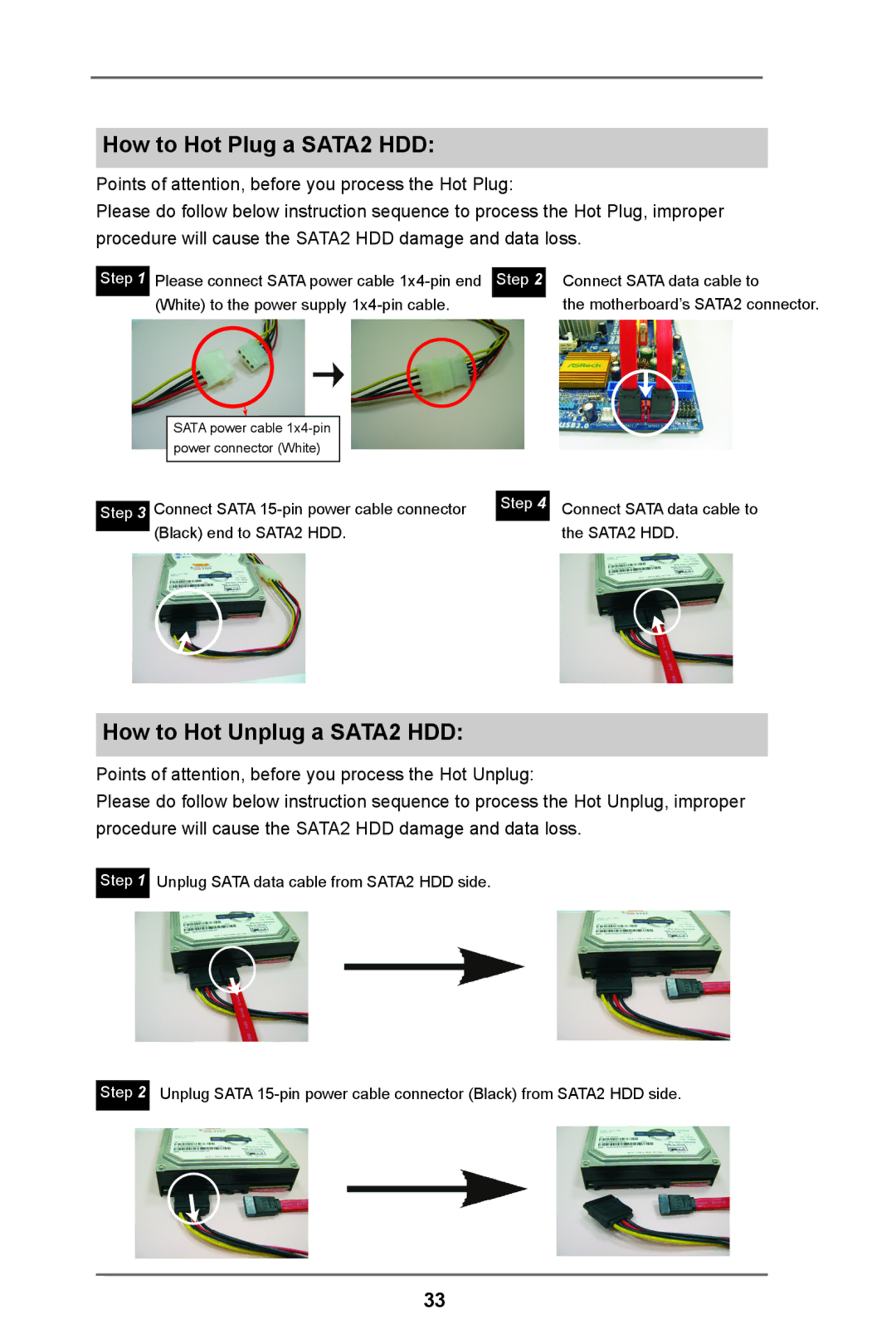 ASRock H61M-DP3 manual How to Hot Plug a SATA2 HDD, How to Hot Unplug a SATA2 HDD 