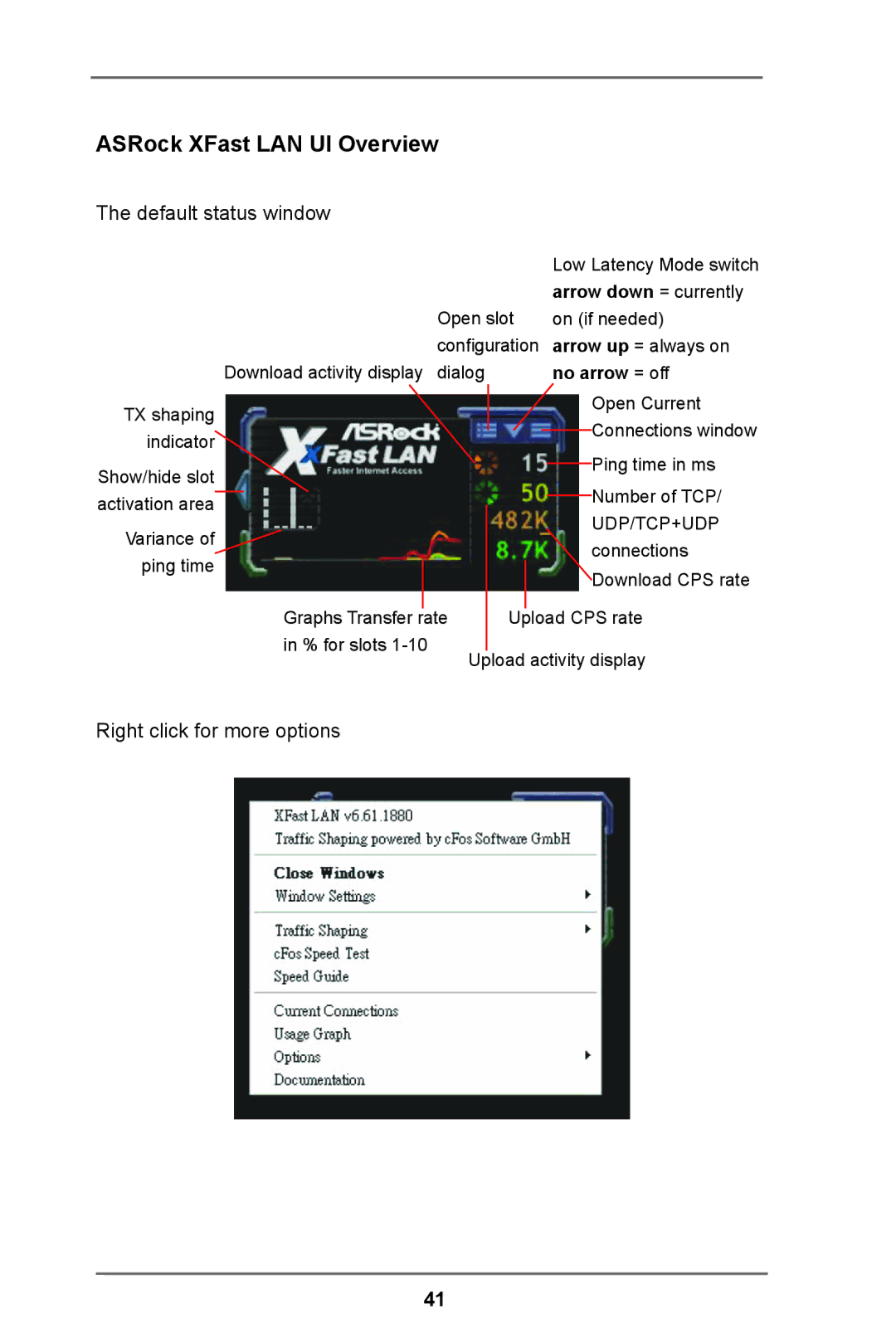 ASRock H61M-DP3 manual ASRock XFast LAN UI Overview, Arrow down = currently, No arrow = off 