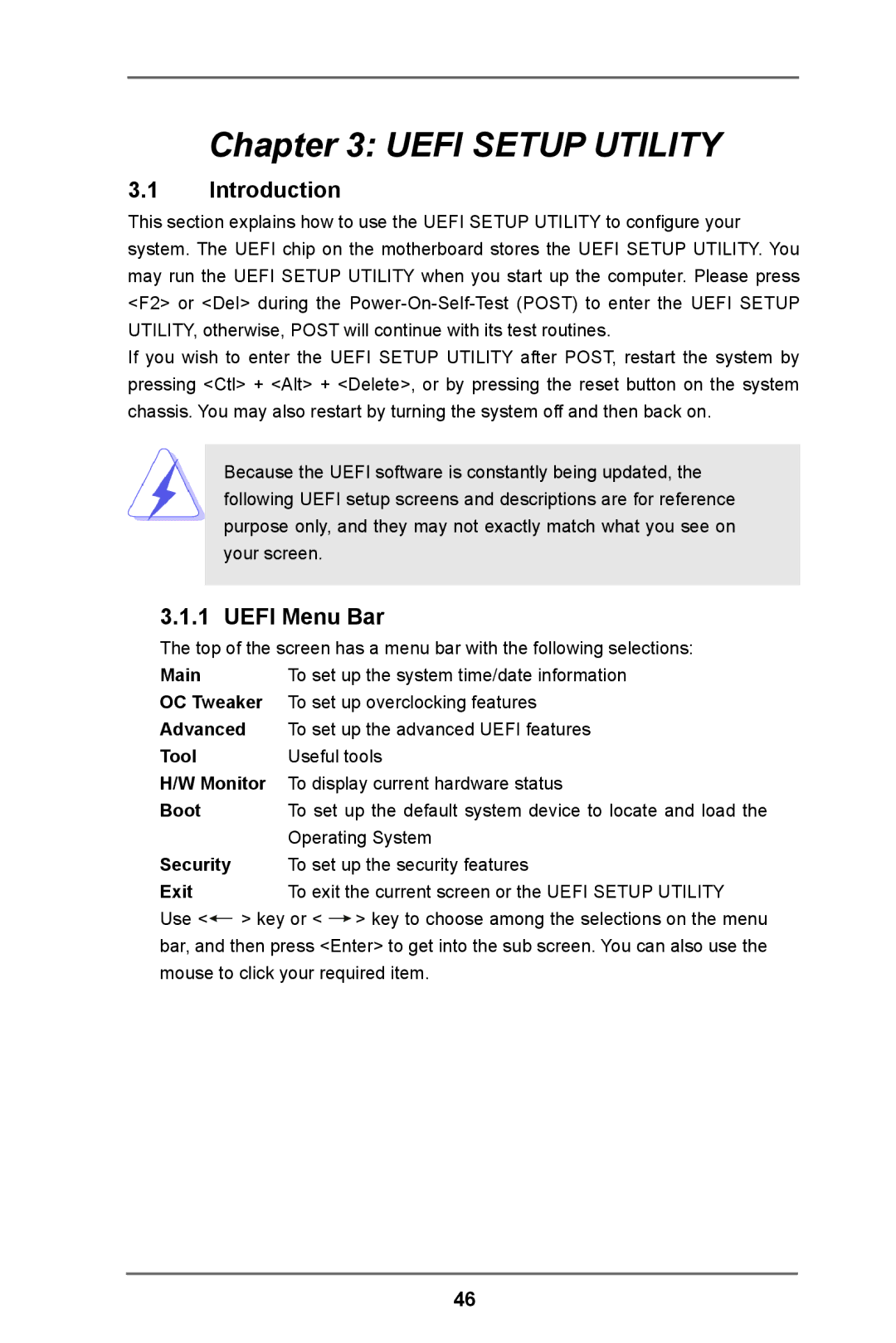 ASRock H61M-DP3 manual Introduction, Uefi Menu Bar 