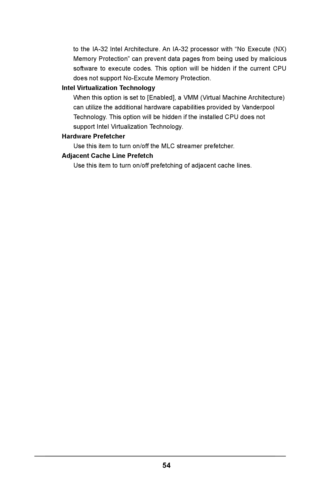 ASRock H61M-DP3 manual Intel Virtualization Technology, Hardware Prefetcher, Adjacent Cache Line Prefetch 