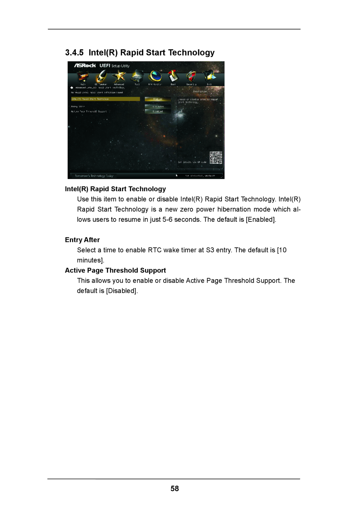 ASRock H61M-DP3 manual IntelR Rapid Start Technology, Entry After, Active Page Threshold Support 