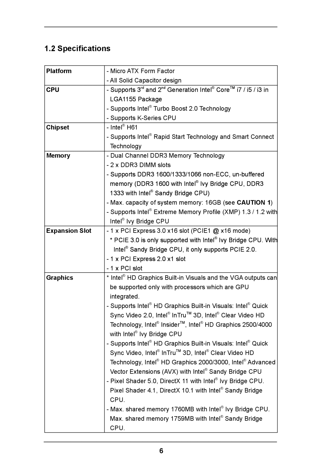 ASRock H61M-DP3 manual Specifications 