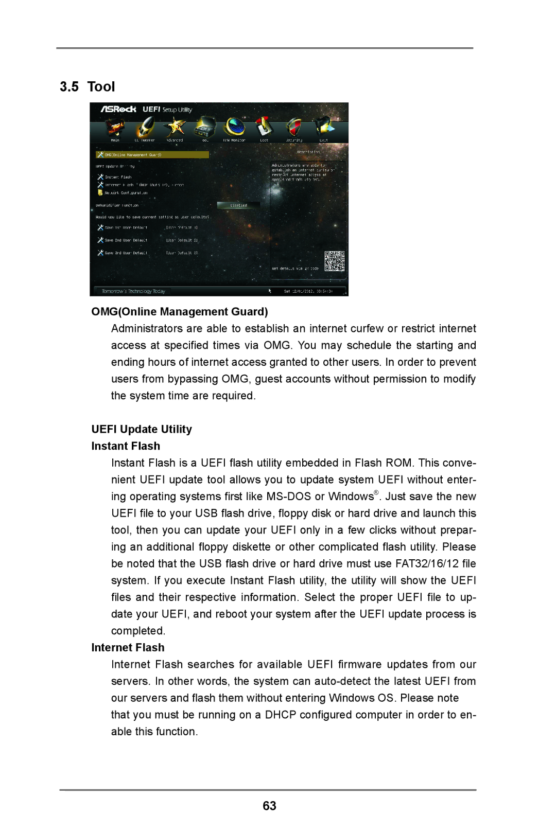 ASRock H61M-DP3 manual Tool, OMGOnline Management Guard, Uefi Update Utility Instant Flash, Internet Flash 