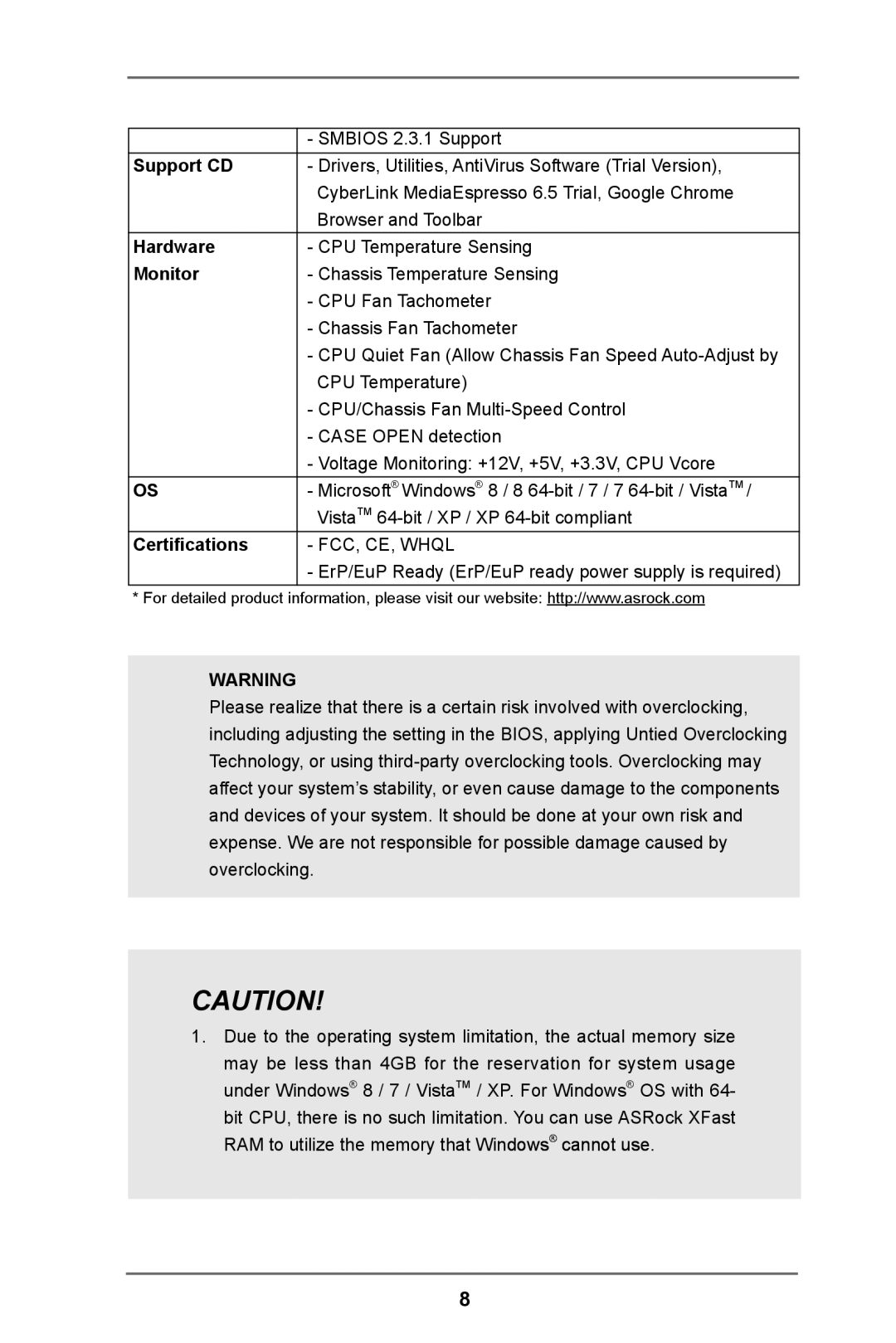 ASRock H61M-DP3 manual Support CD, Hardware, Monitor, Certifications 