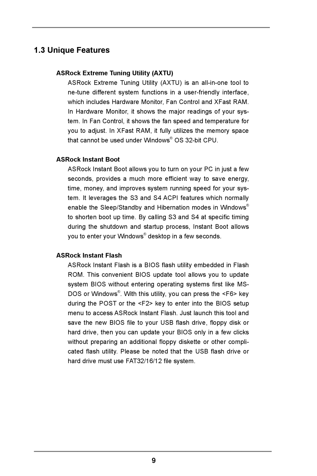 ASRock H61M-DP3 manual Unique Features, ASRock Extreme Tuning Utility Axtu, ASRock Instant Boot, ASRock Instant Flash 