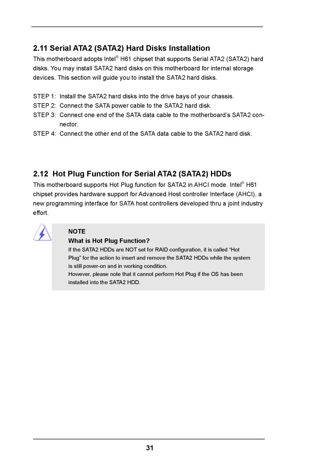 ASRock H61M-DPS manual Serial ATA2 SATA2 Hard Disks Installation, Hot Plug Function for Serial ATA2 SATA2 HDDs 