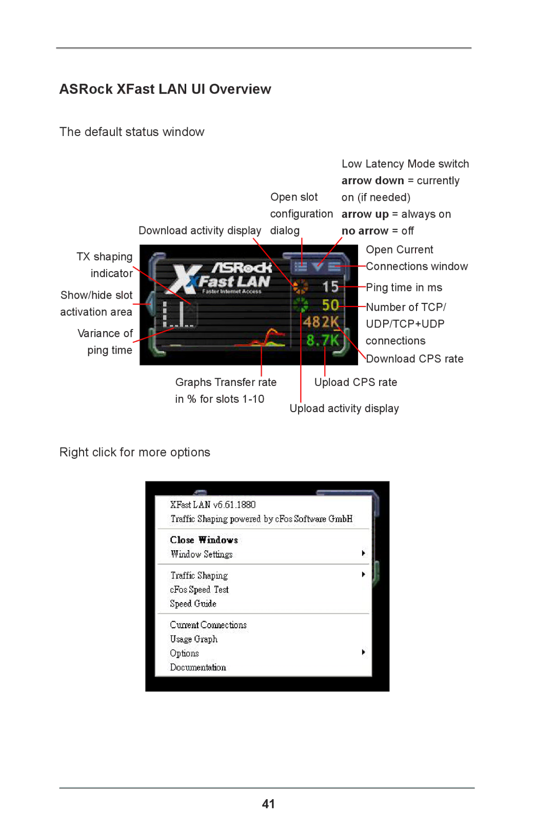 ASRock H61M-DPS manual ASRock XFast LAN UI Overview, Arrow down = currently, No arrow = off 