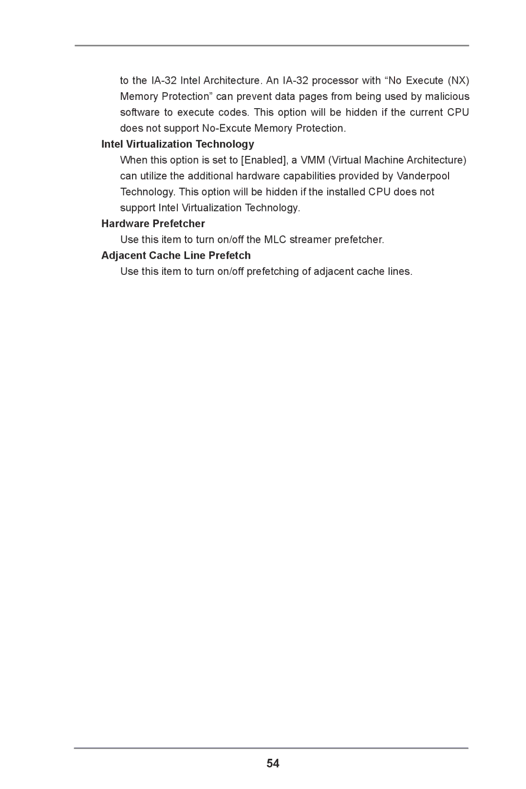ASRock H61M-DPS manual Intel Virtualization Technology, Hardware Prefetcher, Adjacent Cache Line Prefetch 
