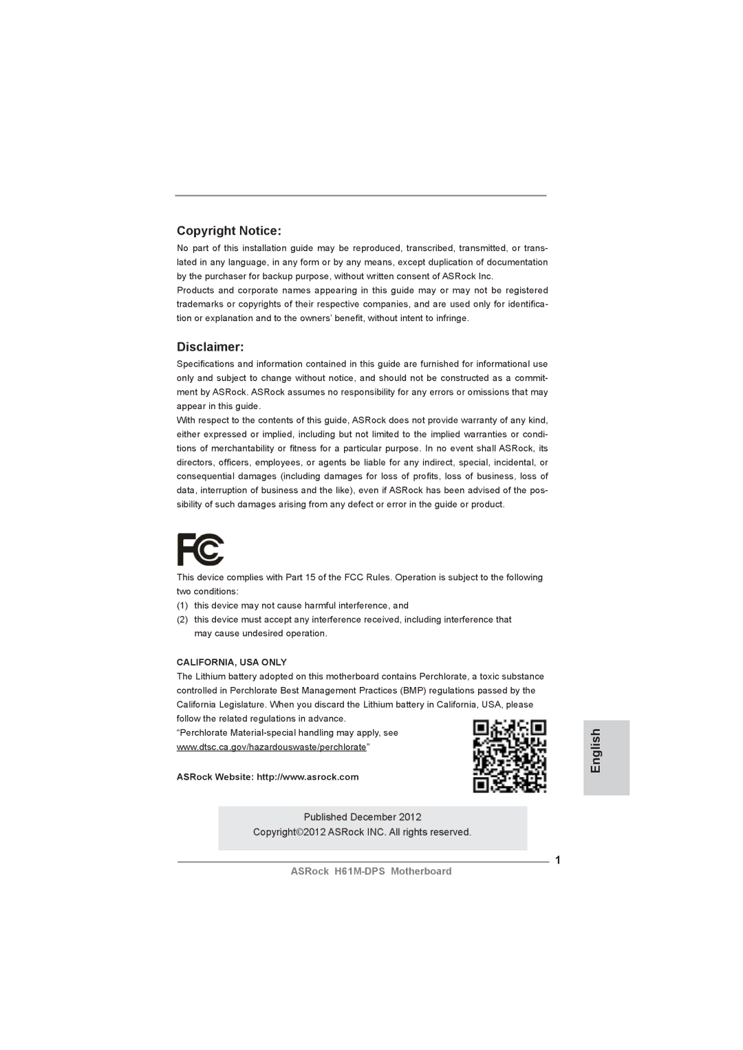 ASRock H61M-DPS manual Copyright Notice, Disclaimer, English 