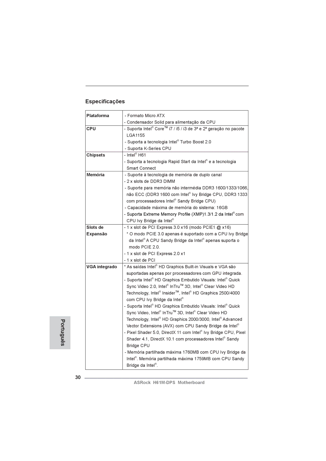 ASRock H61M-DPS manual Português Especiﬁcações, Memória, Slots de, Expansão, VGA integrado 