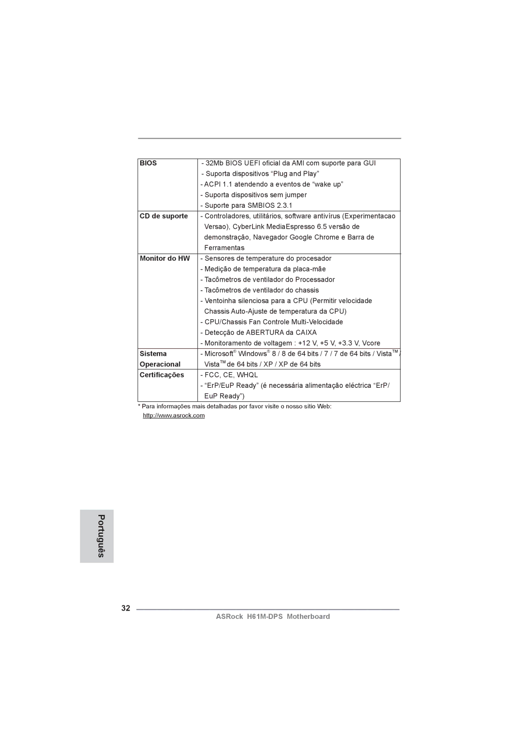 ASRock H61M-DPS manual CD de suporte, Monitor do HW, Sistema, Operacional, Certiﬁcações 