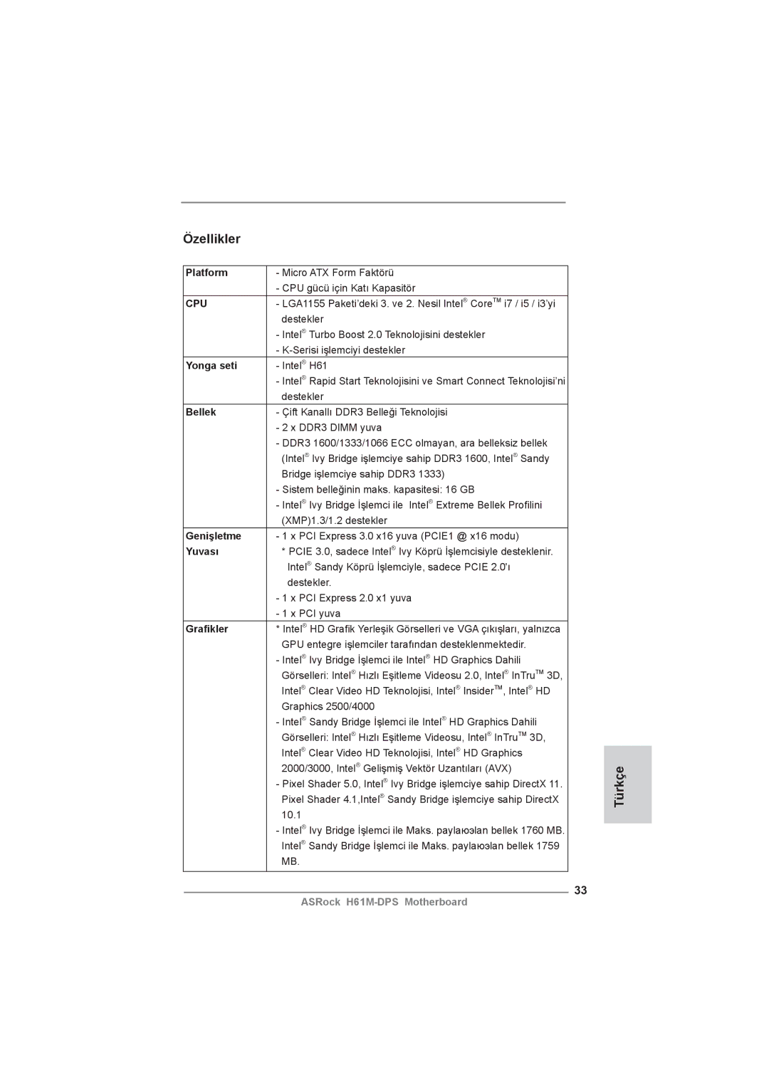 ASRock H61M-DPS manual Özellikler 