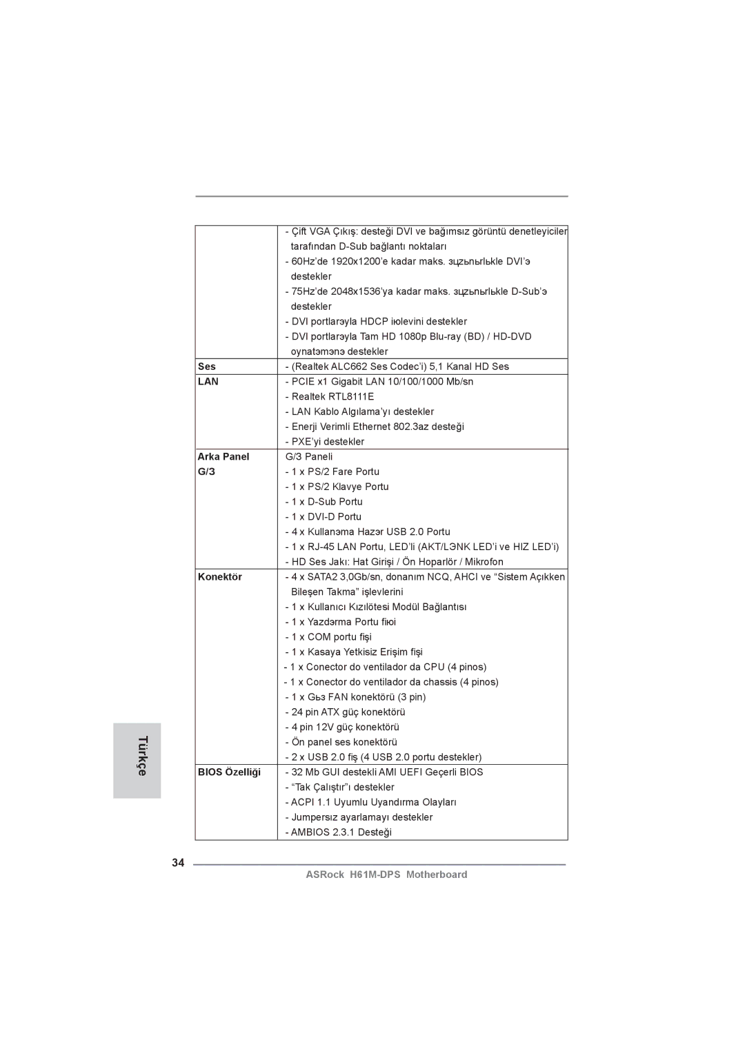 ASRock H61M-DPS manual Türkçe, Ses, Arka Panel, Konektör, Bios Özelliği 