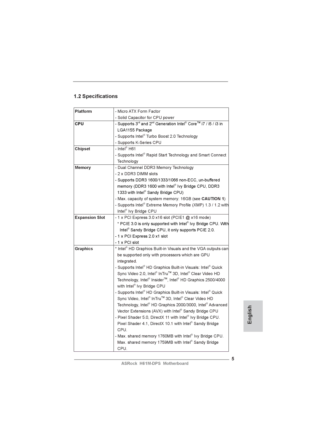 ASRock H61M-DPS manual Speciﬁcations 