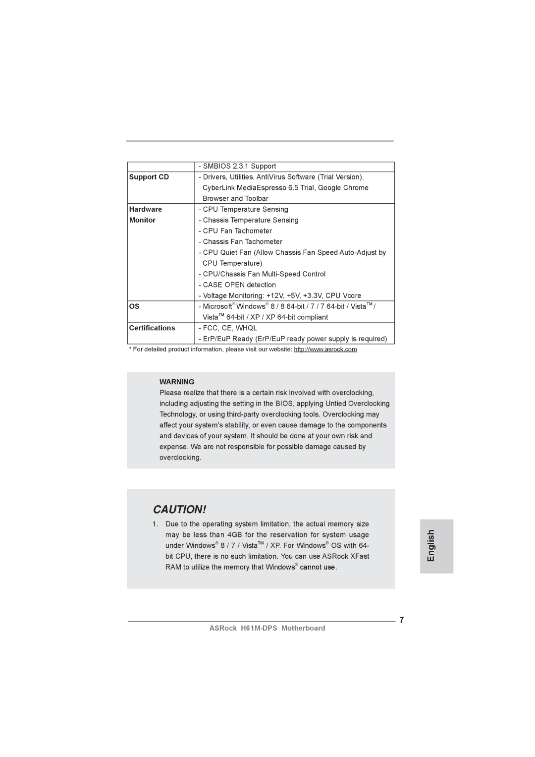 ASRock H61M-DPS manual Support CD, Hardware, Monitor, Certiﬁcations 