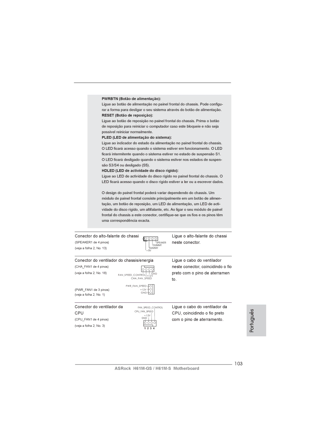 ASRock H61M-GS manual 103, Conector do ventilador da, CPU, coincidindo o ﬁo preto, Com o pino de aterramento 