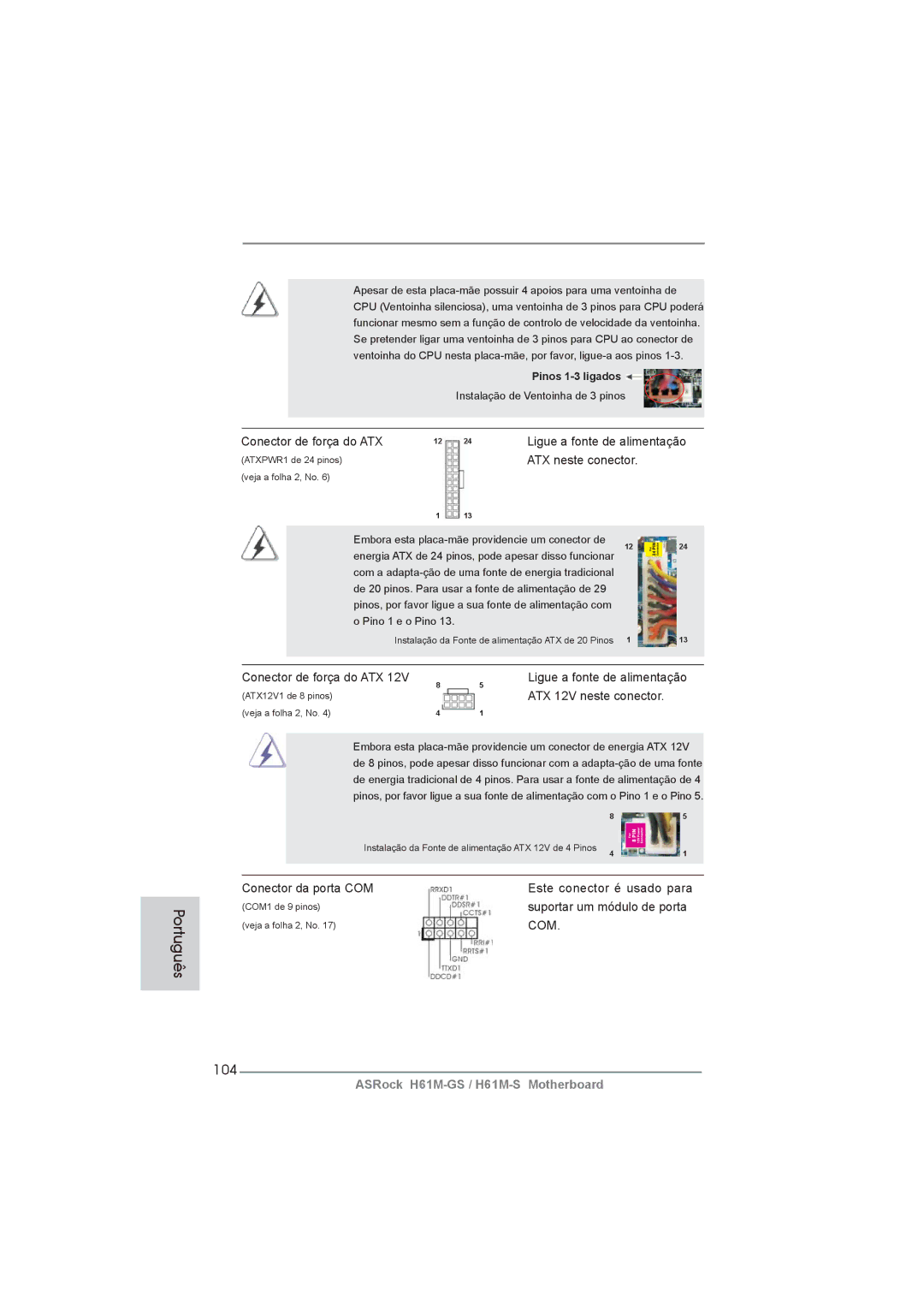 ASRock H61M-GS manual 104, Conector de força do ATX, ATX neste conector, ATX 12V neste conector 