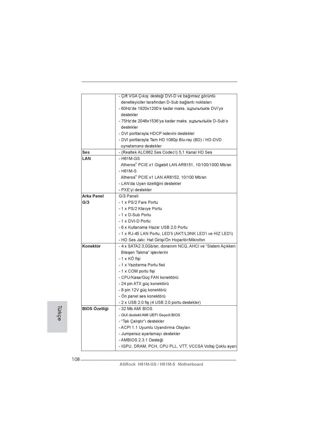 ASRock H61M-GS manual 108, Ses, Arka Panel, Konektör, Bios Özelliği 
