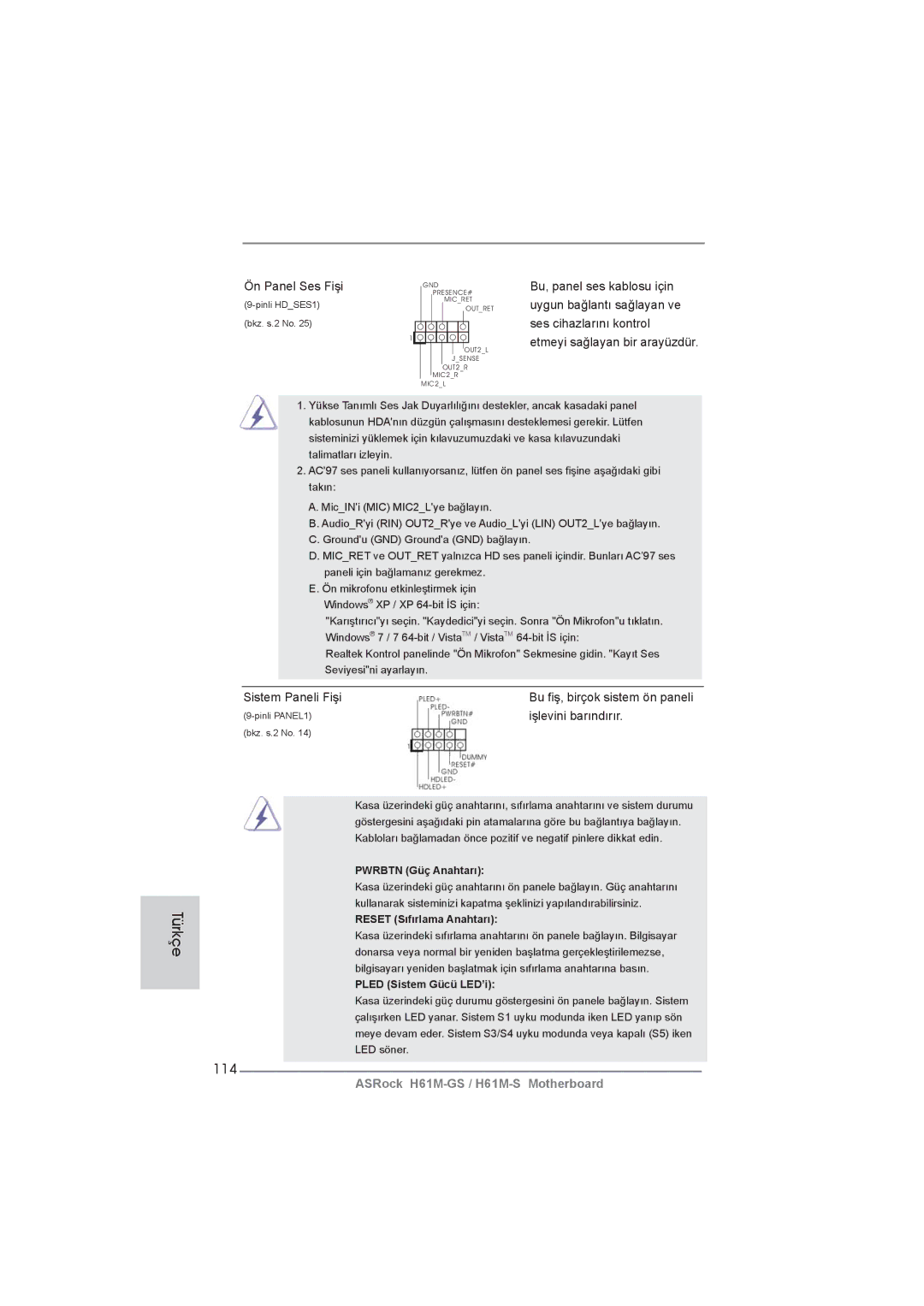 ASRock H61M-GS manual 114, Ön Panel Ses Fişi, Sistem Paneli Fişi, Işlevini barındırır 