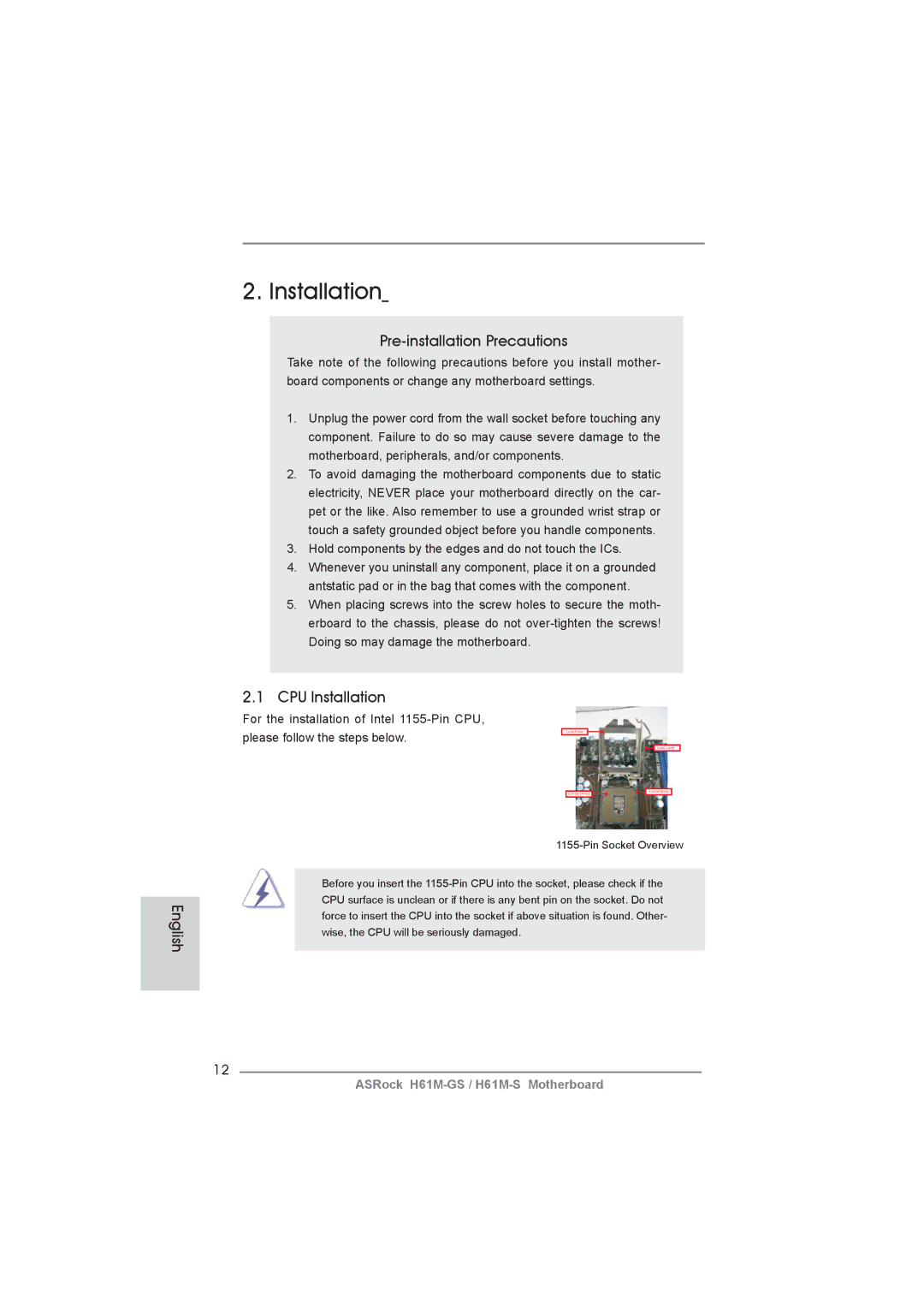 ASRock H61M-GS manual Pre-installation Precautions, CPU Installation 